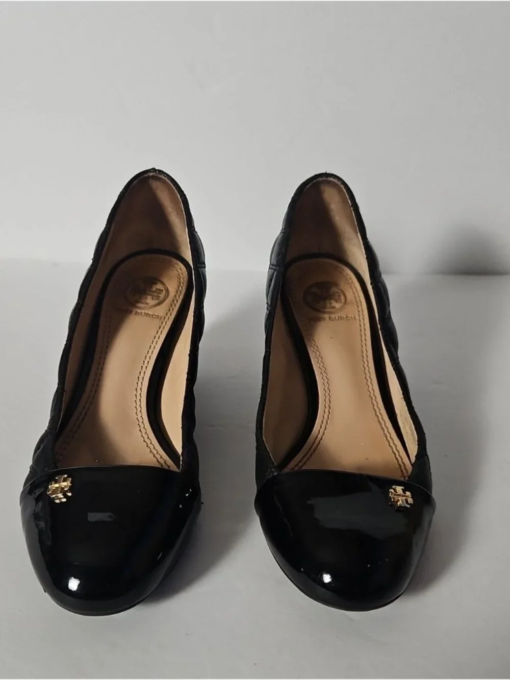 Tory Burch Quilted Patent Leather Cap Toe Wedge Pumps
